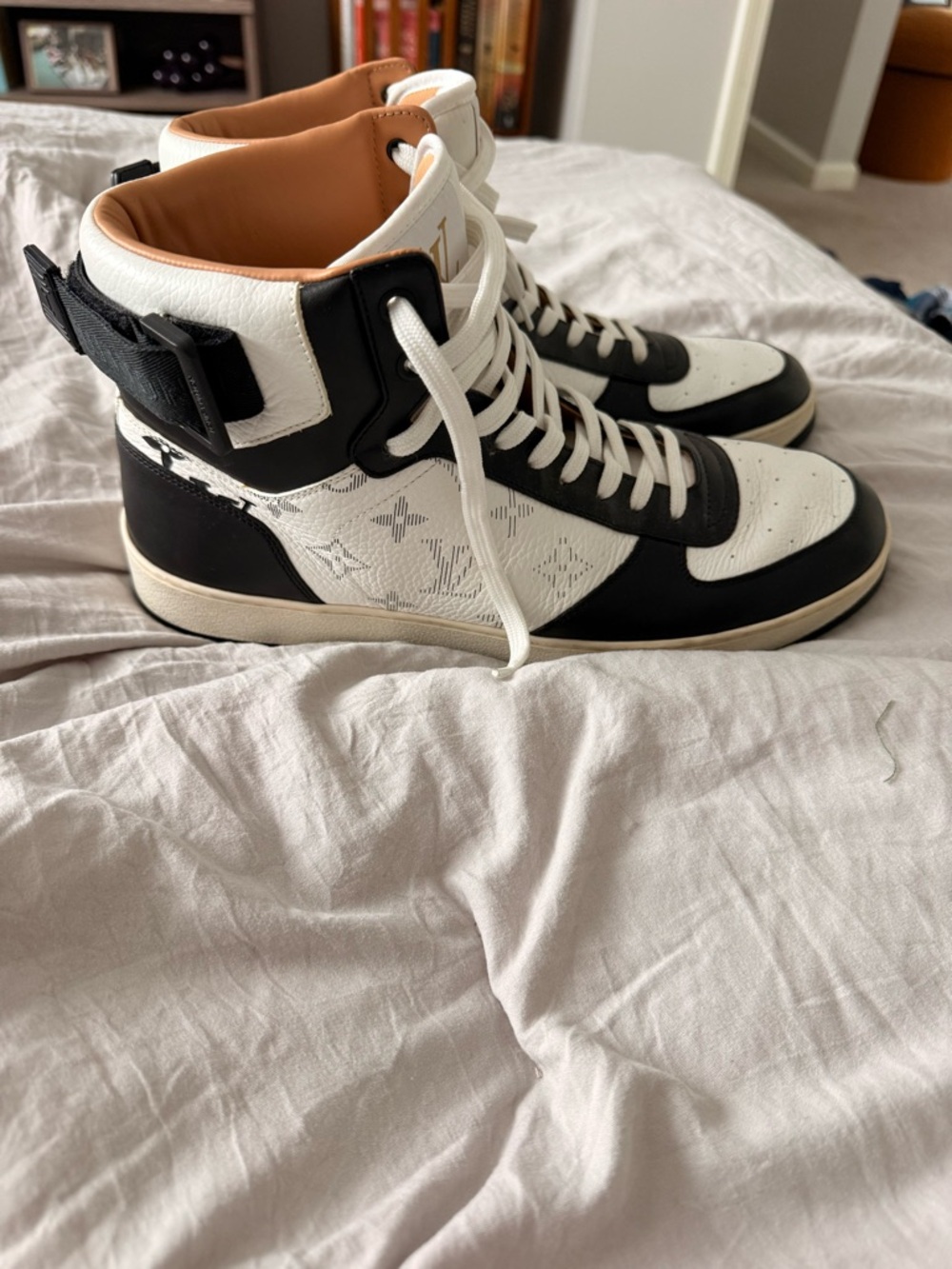 Louis Vuitton Noir Black & White High-Top Sneakers  Gold Accent - Picture 4 of 6
